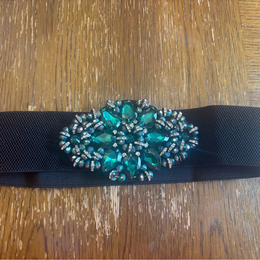 Black Belt with Green Gemstone Embellishment
